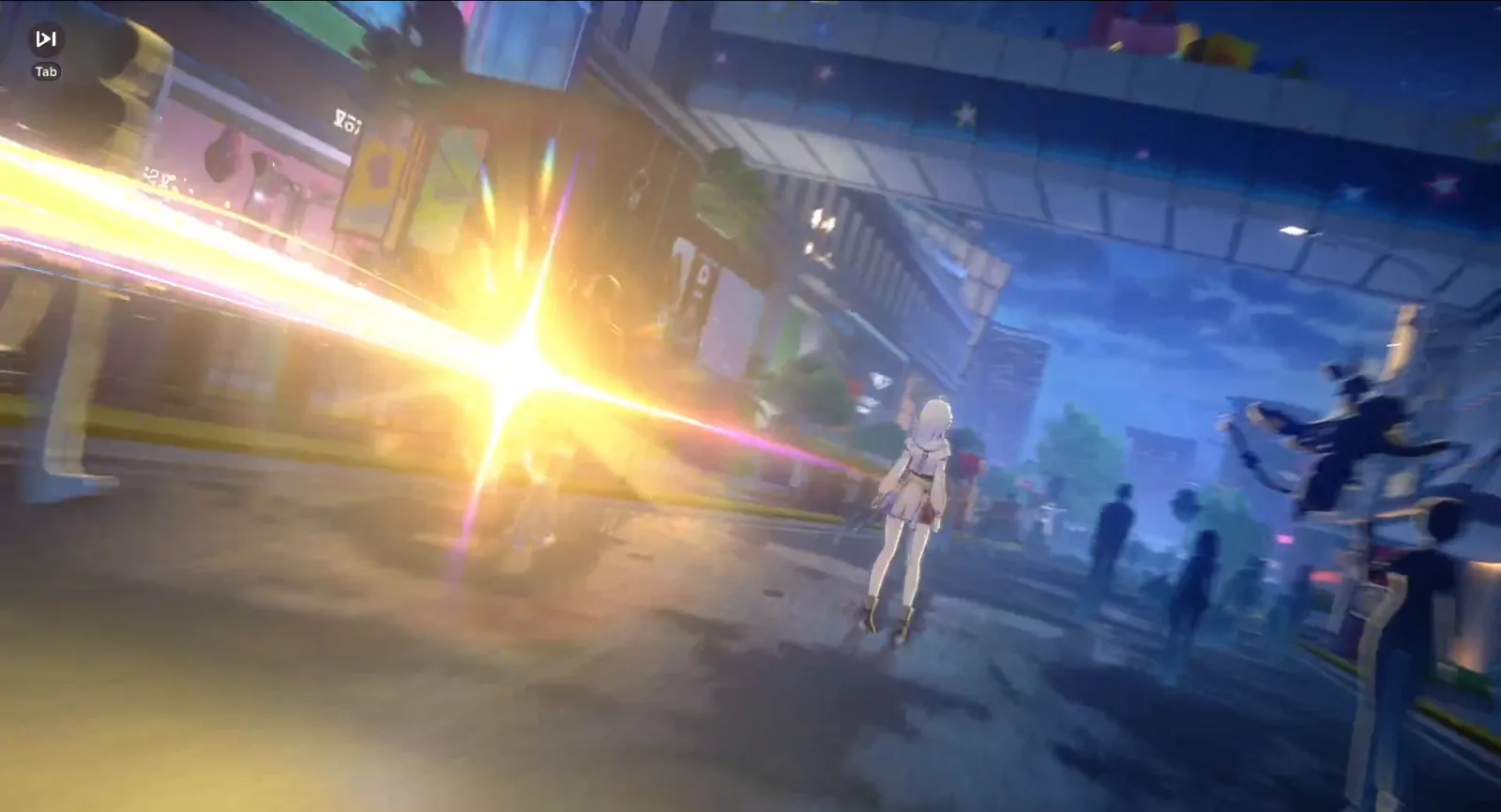Honkai Nexus Anima 5-star pull animation with the shooting star turning gold as it reaches the character in the street