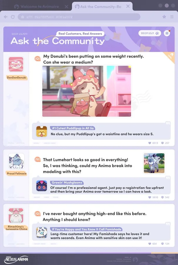 Animaire Ask the Community forum for Honkai: Nexus Anima, with owners asking about Anima clothing sizes and whether their companions can model like Lumehart