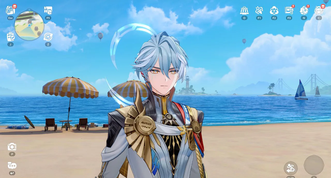 Hyperius, the Competition Supervisor, standing on a beach in Iia in Honkai: Nexus Anima