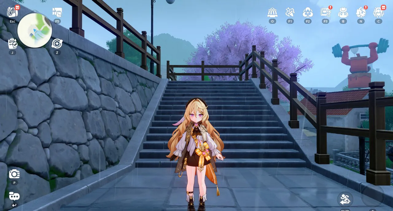 Juelle, Chair of the Committee for a Joyful Iia, standing at the top of stone steps in the rain in Honkai: Nexus Anima