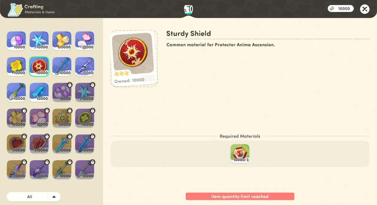 Honkai Nexus Anima Crafting screen showing the Sturdy Shield Protector Anima Ascension material and its crafting recipe
