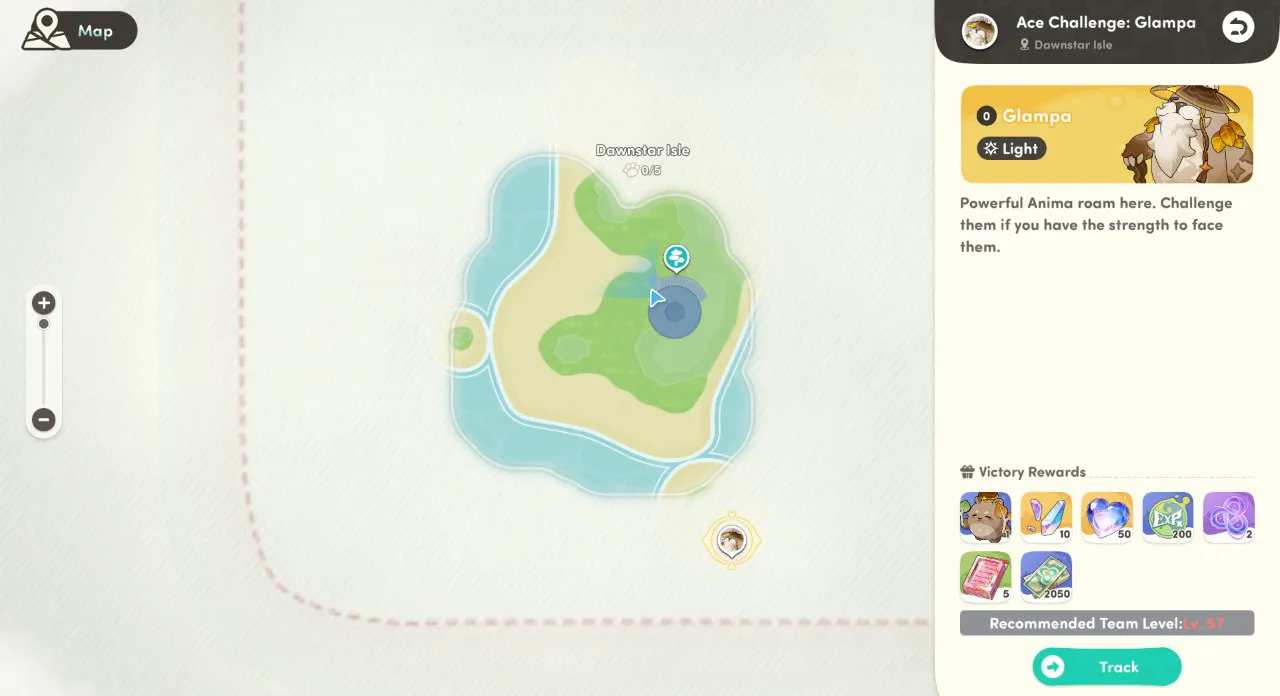 Honkai Nexus Anima Dawnstar Isle map with the Ace Challenge Glampa panel showing victory rewards and recommended team level 57