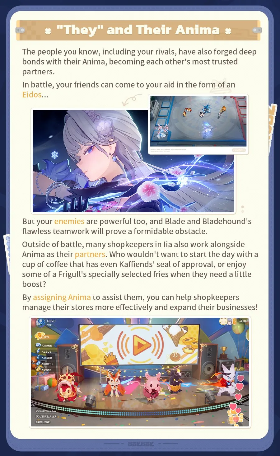 Honkai: Nexus Anima screenshot showing an Eidos ally assisting in battle and shopkeeper Anima performing on stage