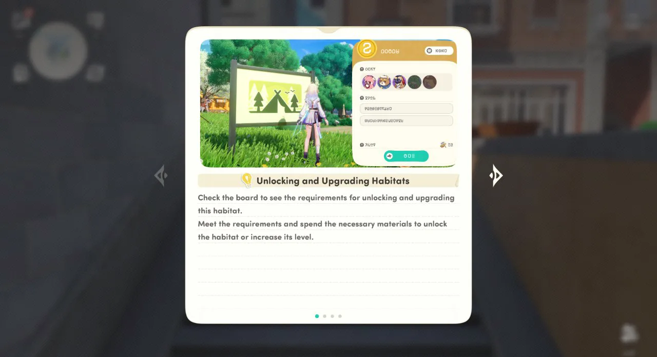 Honkai Nexus Anima tutorial card titled Unlocking and Upgrading Habitats with a habitat signpost in a woodland clearing