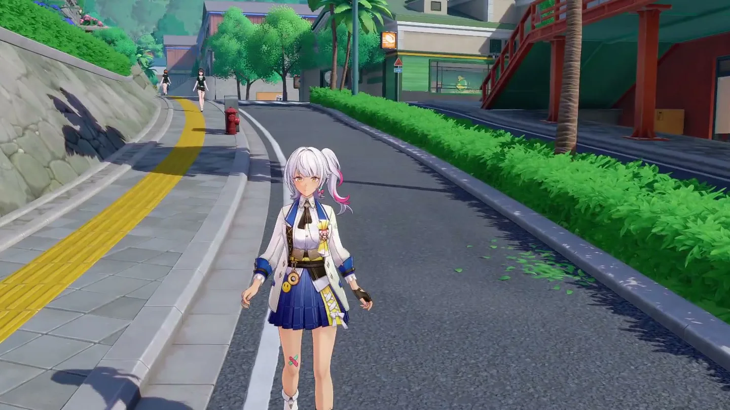 Hillside road in Iia lined with hedges, a red stairway and shop signs in Honkai: Nexus Anima