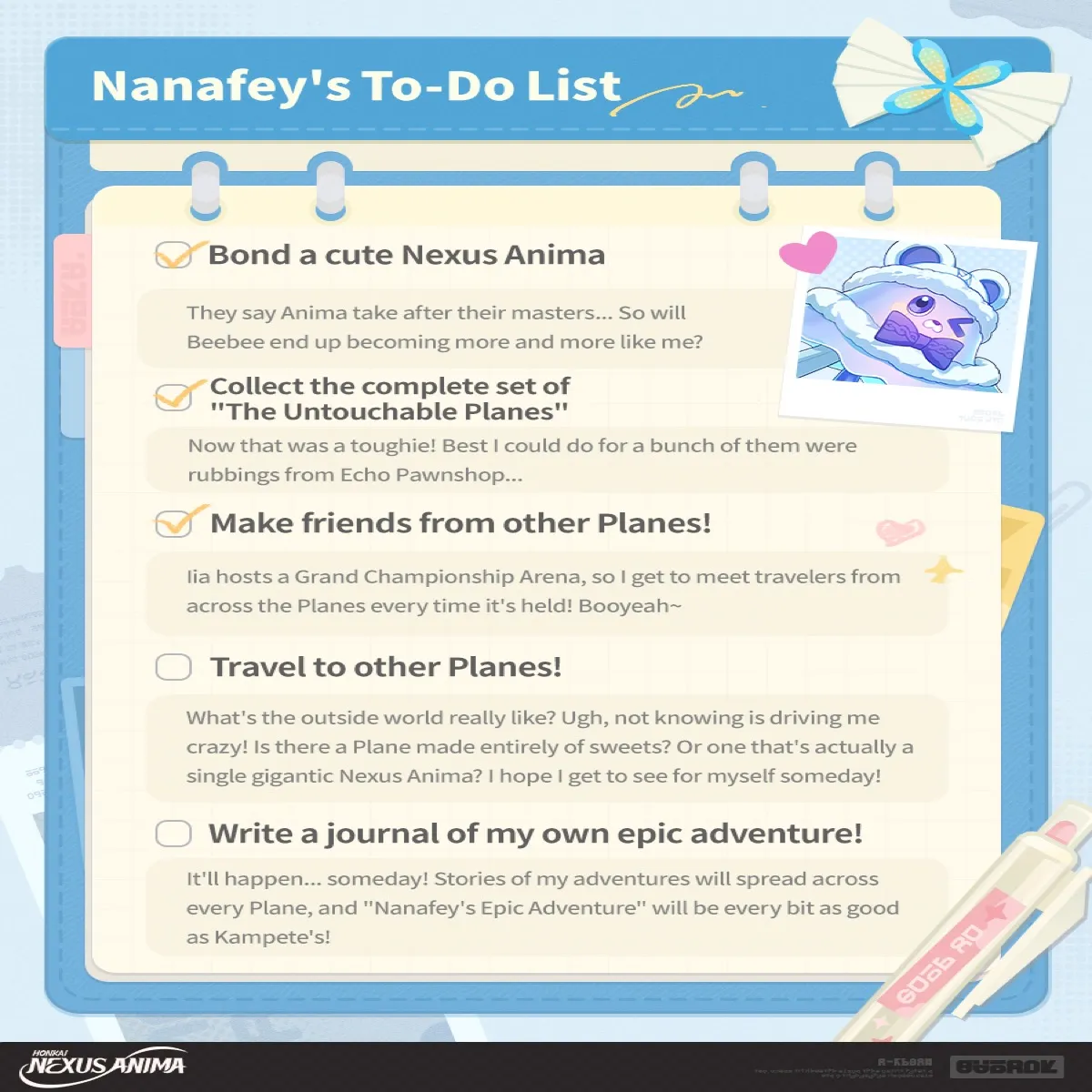 Nanafey’s To-Do List from Honkai: Nexus Anima, with her goals and wishes