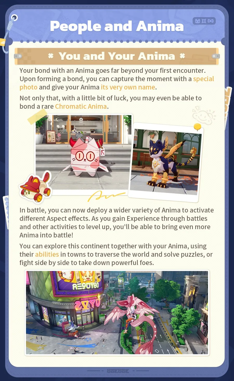 Official Honkai: Nexus Anima People and Anima panel describing bonding, naming your Anima, the special bond photo, and rare Chromatic Anima, with photos of a pink papercraft cat and a navy and gold lynx