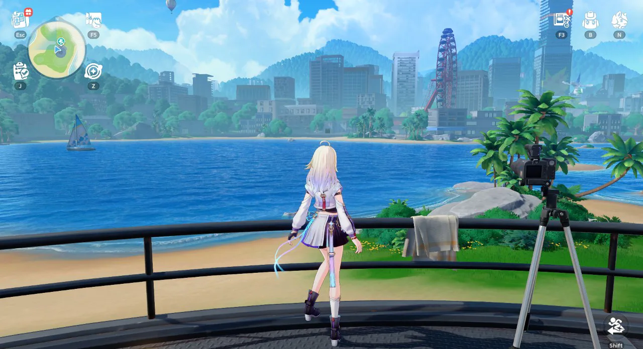 Honkai Nexus Anima seaside district viewpoint overlooking a bay, beach and city skyline with a Ferris wheel