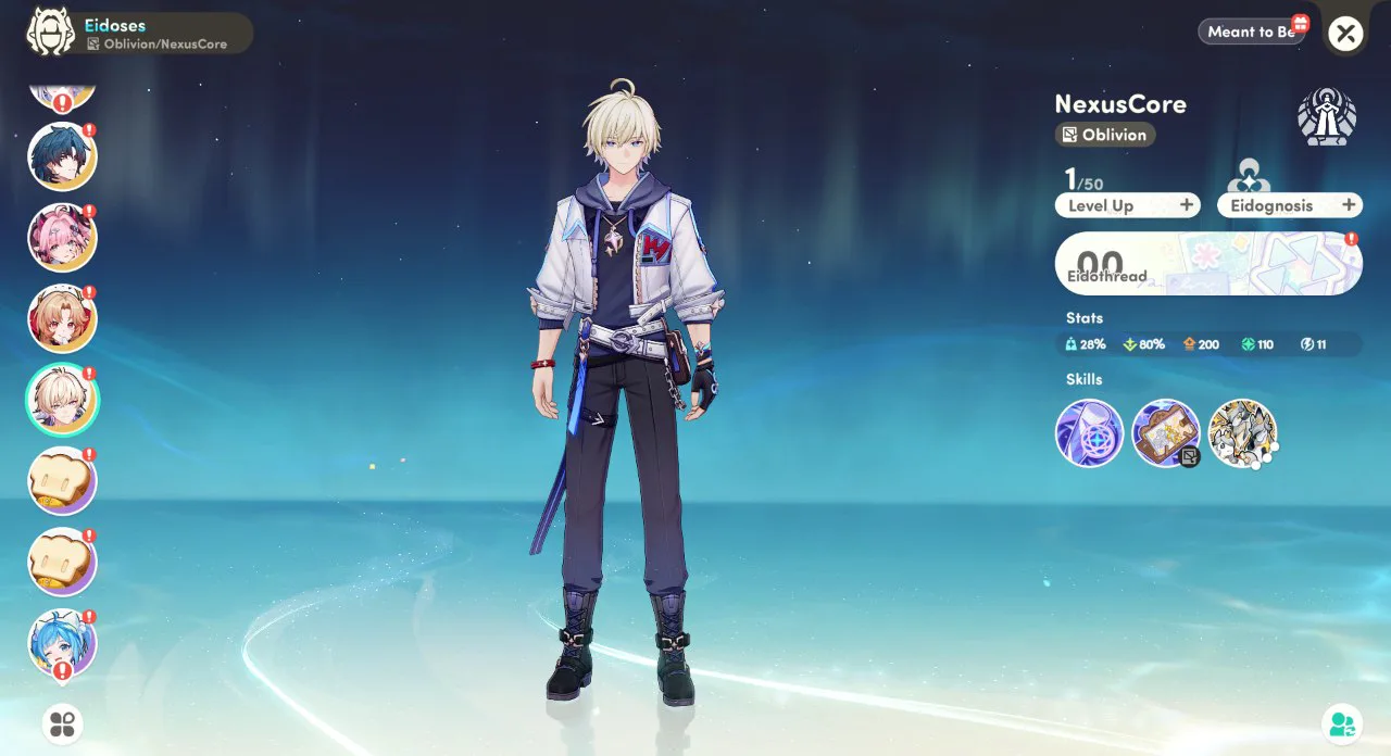 Honkai Nexus Anima player character Eidos screen showing the Oblivion Aspect, Level 1 of 50, Eidognosis, Eidothread and three skills